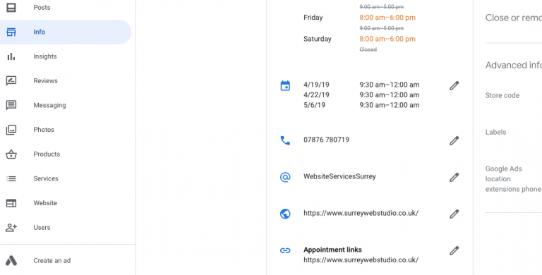 Google my business page screen shot