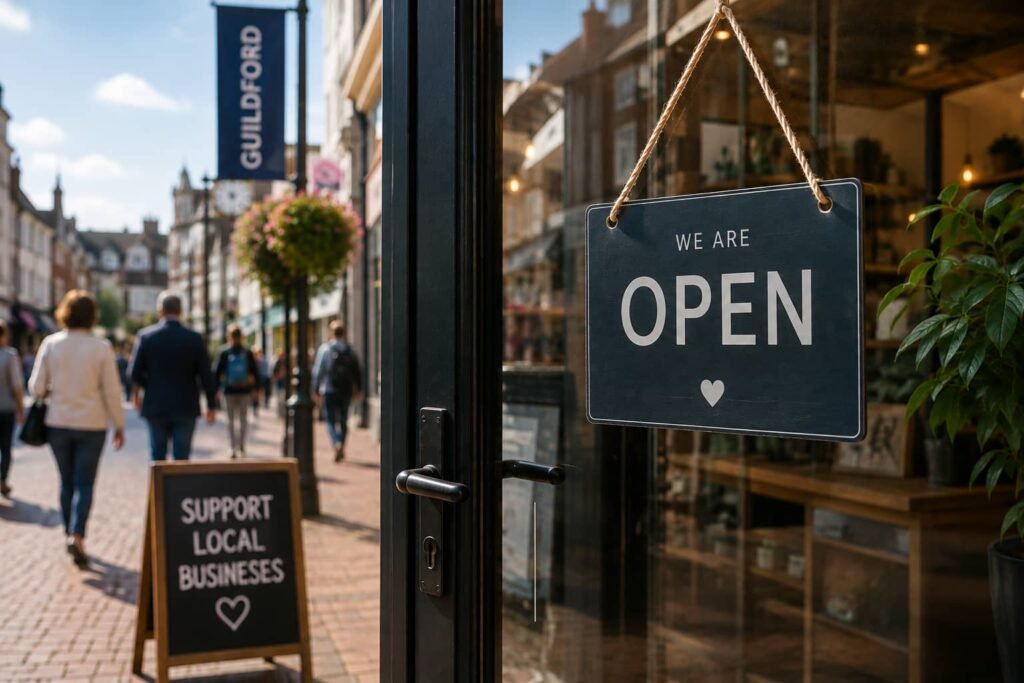 open sign hanging on a guildford business
